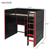 Merax Wood Loft Bed with Desk, Open Wardrobe, Storage Compartments and RGB Lights, Full Size, Red Merax