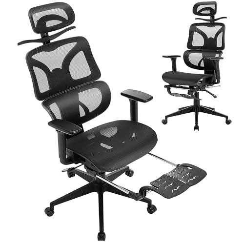 VECELO Swivel Ergonomic High Back Mesh Office Chair with Retractable Footrest, Adjustable Backrest, Tilt Function, 3D Armrests & Headrest, Lumbar Support for Executive/Computer Desk/Task Work, Black VECELO