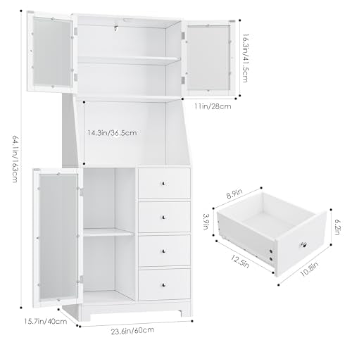 BOTLOG 64'' Kitchen Pantry Storage Cabinet, Tall Kitchen Storage Cabinet with Microwave Stand, Hutch Cabinet with Adjustable Shelves, for Dining Room (White) BOTLOG