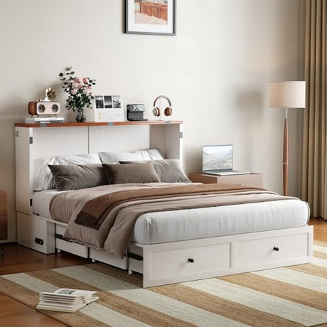 CECER Queen Size Murphy Bed with Tri-Folding Mattress，Murphy Bed Queen with 2 Large Storage Drawers and Charging Station for Small Spaces/Bedroom/Guest Room-（White） CECER
