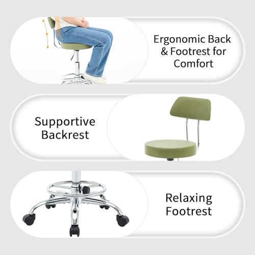 FIRAVOE Drafting Chair (Work Stool with Back)(Swivel Shop Stool 19.5"-26.6") Adjustable Height and Footrest Ergonomic Office Chair (Green) FIRAVOE