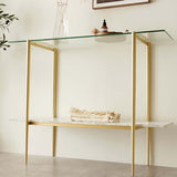 LumFurn Glass Console Table for Living Room, Foyer & Entrance, 2-Tiers Mid-Century Modern Sofa Table with Clear Glass Top, White Marble Finish Wood Shelf and Gold Finish Frame LumFurn