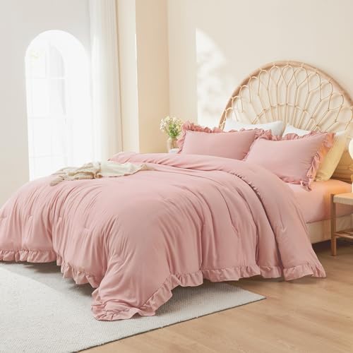 Litanika Full Size Comforter Sets, 3 Pieces Blush Pink Ruffle Girls Women Cute Bedding Comforters & Sets, Lightweight Fluffy Microfiber as Gift (79x90In Comforter & 2 Pillowcases) Litanika