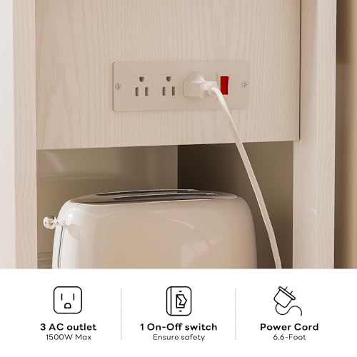 LIKIMIO Baker Rack with Power Outlet & Drawer, Coffee Bar Cabinet with Storage, Farmhouse Microwave Stand with Hutch and 5 Hooks for Kitchen, White LIKIMIO