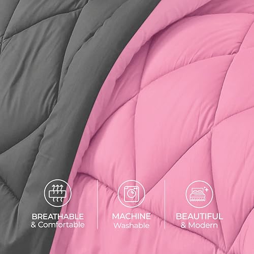 Elegance Linen Silky Soft - Goose Down Alternative Reversible 2pc Comforter Set- Available in A Few Sizes and Colors, Twin/Twin XL, Pink/Gray Elegant Comfort