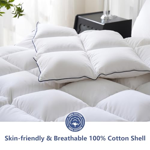DOWNCOOL Feather Down Fiber Comforter Queen Size, 100% Cotton Ultra Soft Fluffy Duvet Insert Queen, All Season Luxurious Hotel Bedding Comforters with Corner Tabs, White 90"x90" DOWNCOOL