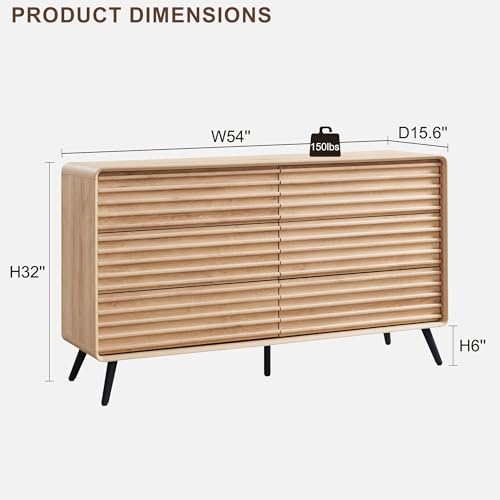 RedLemon 6 Drawers Dresser for Bedroom, 54'' Wide Mid Century Modern Wood Fluted Double Dresser, Chest of Drawers with Tapered Leg for Bedroom, Living Room, Hallway, Closet, Natural Oak RedLemon