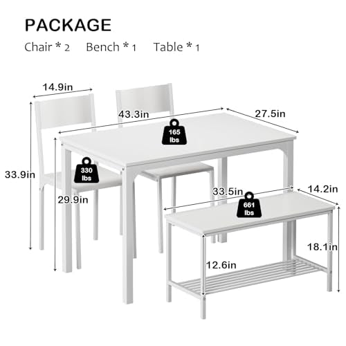 SogesPower Dining Table Set for 4, Kitchen Dining Table Set with 2 Chairs and 1 Bench, 4 Person Kitchen Table Set for Dining Room Restaurant Small Space, White SogesPower