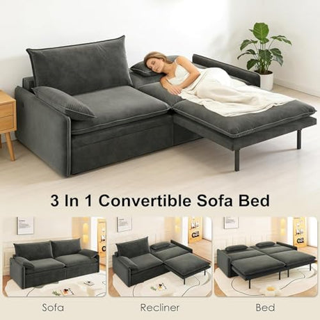 81" 3-in-1 Convertible Sofa Bed, Pull Out Couch with Deep Seat & Storage, Chenille Loveseat Cloud Couch with USB Port & Pillow, Futon Sofa Bed Couches for Living Room/Apartment/Bedroom, Dark Grey TaiEnjoy
