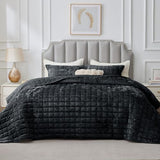BEDELITE Velvet Quilt Set King Size - Luxury Velvet Comforter Bedding Set 3 Pieces, Soft Cozy Shiny Black Oversized Bedspread Coverlet for All Seasons with 2 Pillow Shams BEDELITE