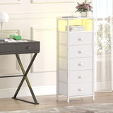 sthmec Nightstand with Charging Station,LED White Nightstands with 5 Fabric Drawers PU Finish, Bedside End Tables, 2-Tier Open Storage Shelf Side Table Nightstand with Drawers for Bedroom,White sthmec