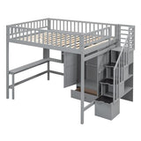 Ball & Cast Full Size Loft Bed with Storage Ladder and Bookshelf,Wooden Bedframe w/Drawers & Wardrobe,Desk,Full-Length Guard Rail,Space Saving,Bedroom Furniture for Student Dorms,Gray Ball & Cast