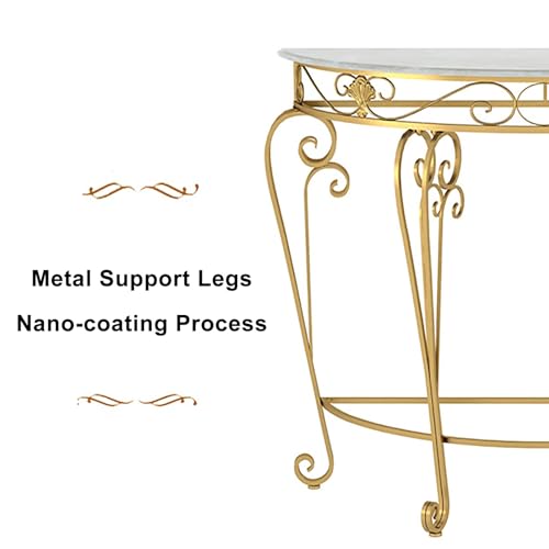 PFJERSIYC Half Moon Console Table with Metal Scroll Legs, Faux Marble Top Entryway Table, Semi Circle Sofa Accent Foyer Table for Living Room, Hallway, Entrance, Small Spaces(Gold,24x12x27.5in) PFJERSIYC