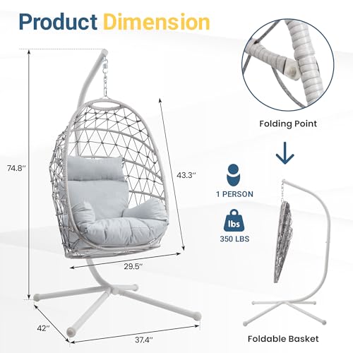 RoyalCraft Hanging Egg Chair Outdoor Swing Chair with Stand, Hammock Chair Indoor, Patio Boho Wicker Hanging Chair with Stand 350lbs Capacity for Garden, Balcony, Bedroom, Beige & Gray RoyalCraft