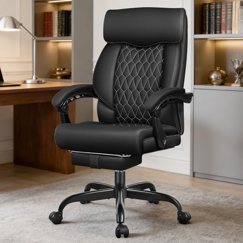 Big and Tall Office Chair with Footrest, High Back Executive Leather Desk Chair with Lumbar Support, Reclining Office Chair with Adjustable Angle, Home Office Ergonomic Computer Gaming Chair BestGlory