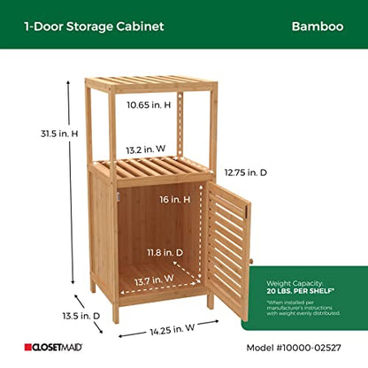 ClosetMaid Bamboo Storage, Freestanding Floor Cabinet with Single Door, 3 Shelves, for Bathroom, Living Room, Slide Table, Natural Finish