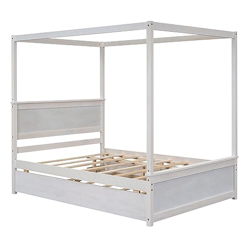 BOVZA Full Size Wooden Canopy Bed with Trundle and 2 Storage Drawers, 4-Post Platform Bed Frame with Headboard, No Box Spring Needed, Brushed White