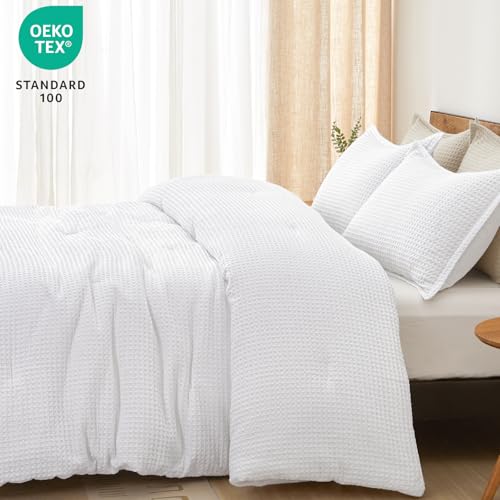 PHF Ultra Soft Waffle Weave Comforter Set King Size, 3 Pieces Lightweight Breathable Comfy Bedding Set, Comfy Textured 1 Comforter with 2 Pillow Shams, White PHF