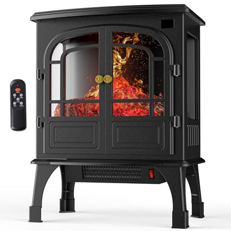 DUMOS Electric Fireplace Heater, 26" Freestanding Two Door Electric Fireplace Stove with 3D Flame Effect & Remote Control, Modern Stove for Home with Safety Features, Adjustable Heat & Timer, Charcoal DUMOS