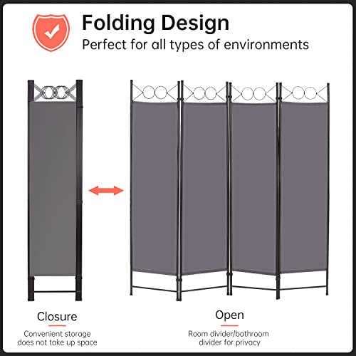 4 Panel Room Divider 6FT Steel Frame Screen Folding Privacy Divider Freestanding Partition for Home Office Bedroom (Grey) FDW