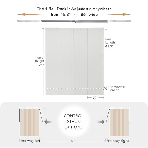 GoDear Design Adjustable Sliding Room Dividers Panel Blinds, Vertical Window Blinds, Door Blinds, Extendable Track from 45.8" to 86" W, Trimmable Panel Curtains Up to 96", Semi Privacy, Snowdrop GoDear Design