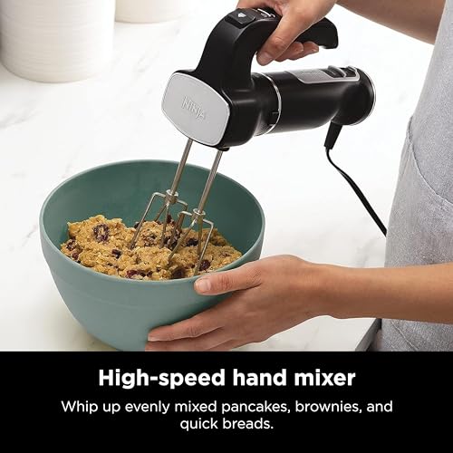 Ninja Hand Mixer, Immersion Blender, Foodi Power Mixer System, 750-Peak-Watt Handheld Emulsion Blender & Electric Hand Mixer Combo With Whisk, Beaters & 3-Cup Blending Vessel,120 volts, Black CI101 Ninja