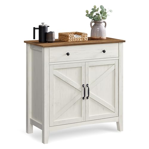 VASAGLE Buffet Cabinet, Sideboard Cabinet with Storage and Drawer, with Doors, Height Adjustable Shelf, Farmhouse Style, for Living Room, Kitchen, Rustic White and Honey Brown UBBK341W01 - WoodArtSupply