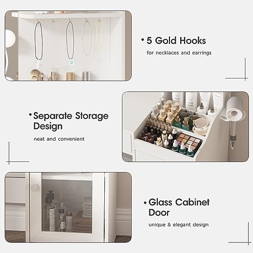 Vabches Vanity with Mirror and Lights, Makeup Vanity Table with Charging Station, Cute Vanity Set with Comfortable Bench, Big Vanity with 3 Storage Compartments, 39.8inch, White Vabches