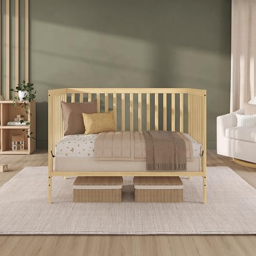 Dream On Me Synergy 5-in-1 Convertible Full-Size Baby Crib with Toddler, Day & Full Bed Conversion in Natural, GreenGuard Gold & BSA, 3 Mattress Heights, Sustainable Pinewood