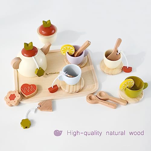 Pillowhale Wooden Toys Tea Party Set,Tea Set for Little Girls,Toddler Tea Set,Kids Play Kitchen Accessories,Play Food for Toddlers Boys Girls Ages 3+ - WoodArtSupply