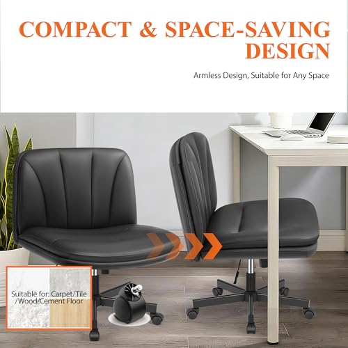 HeroSet Criss Cross Chair with Wheels,Comfy Wide Vanity Chair,Scratch-Resistant Leather Cross Legged Desk Chair,Height Adjustable Computer Office Desk Chairs HeroSet