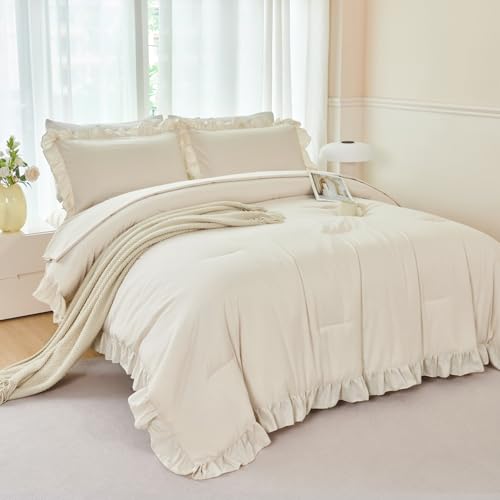 ANGIYUIN 5 Pieces Camel Twin Size Comforter Set for Kids Girls Ruffled Bedding Set Boho Farmhouse Bed Sets Shabby Fluffy Elegance Bed in A Bag with Sheets(Camel Twin) ANGIYUIN