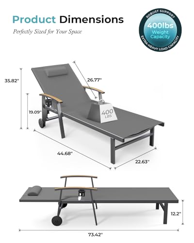 Ciokea Outdoor Lounge Chair with Pillow Set of 2, 5-Position Aluminum Chaise Lounge with Wheels & Armrests, 400 lbs Heavy Duty Patio Pool Chair for Backyard, Deck, Beach & Poolside, Grey