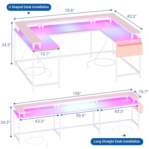 IDEALHOUSE U Shaped Home Office Desk, Reversible L Shaped Gaming Computer Desk with Power Outlets,126 Inch Computer Desk with Monitor Stand and LED Lights,Storage Shelves,Storage Bag and Hooks（Pink） IDEALHOUSE