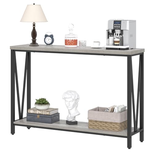 FOLUBAN Industrial Sofa Console Table, Rustic Wood and Metal Entryway Hallway Table for Living Room Entrance, 43.3 Inch Light Grey FOLUBAN