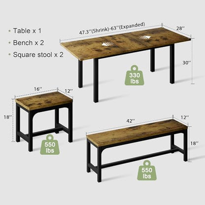 Feonase 5-Piece Dining Table for 4-8 People, 63" Extendable Kitchen Table Set with 2 Benches & 2 Square Stools, Dining Room Table with MDF Wood Board, Easy Clean, Rustic Brown - WoodArtSupply