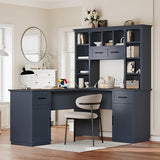 Hlcodca L Shaped Computer Desk with Drawers, Bookshelf & Hutch, Modern Corner Home Office Desk, L-Shaped Study Table Writing Corner Gaming Computer Desk with Storage (Antique Blue) Hlcodca