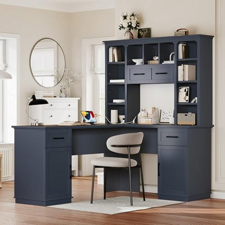 Hlcodca L Shaped Computer Desk with Drawers, Bookshelf & Hutch, Modern Corner Home Office Desk, L-Shaped Study Table Writing Corner Gaming Computer Desk with Storage (Antique Blue) Hlcodca