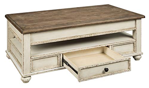 Signature Design by Ashley Realyn Vintage Farmhouse Rectangular Lift Top Coffee Table with Storage Drawer, White & Brown - WoodArtSupply