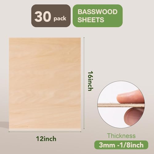 ROBOTIME 30-Pack Basswood Sheets 1/8" x 12" x 16" - Laser Engraving Blanks, 3mm Wood for Laser Cutting and Engraving ROBOTIME