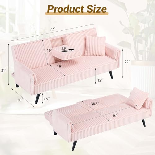 72" Modern Corduroy Sofa Bed Futon,Convertible Sleeper Couch Bed with Cup Holder,4 Reclining Positions,Folding Sofa Cloud Loveseat for Small Living Room Apartment Office (Pink-New) Majnesvon