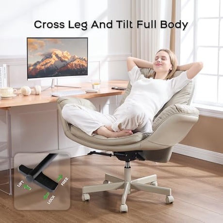 amseatec Criss Cross Chair with Armrests & Wheels for Cross-Legged Sitting, Comfortable Adjustable Swivel Office Desk Chair –PU Leather Vanity Chair for Home, Makeup and Bedroom (Cream) amseatec