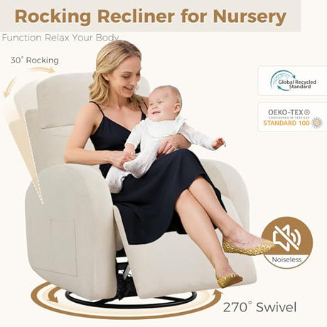 Dual Motors Power Recliner with Adjustable Headrest, Electric Swivel Rocker Recliner for Nursery, Glider Reclining Rocking Nursery Chairs for Small Space, Living Room, Bedroom, Chenille Cream White AEMEIOS