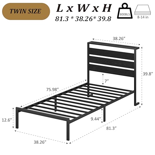 CollaredEagle Bed Frame with Headboard and Footboard,Heavy Duty Steel Slats Support Metal Bed Frame with Charging Station (Black, Twin) CollaredEagle