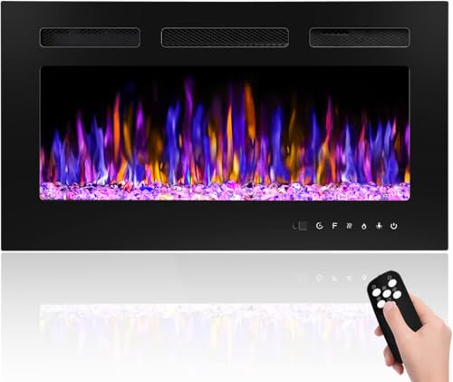 BETELNUT 30" Electric Fireplace Wall Mounted and Recessed with Remote Control, 750/1500W Ultra-Thin Wall Fireplace Heater W/Timer Adjustable Flame Color and Brightness, Log Set & Crystal Options BETELNUT