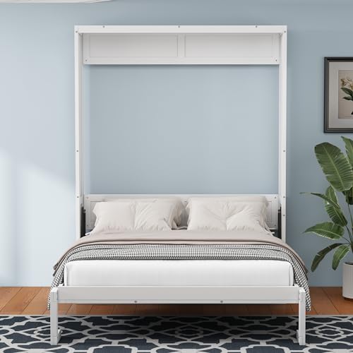 Ball & Cast Murphy Bed Queen Szie Multi-Function 68-inch Cabinet with Desk Combo,No Spring Box Required,Folding Wall Hideaway Bed Frame w/Slat Support,for Guest Room,Study, Office,White Ball & Cast