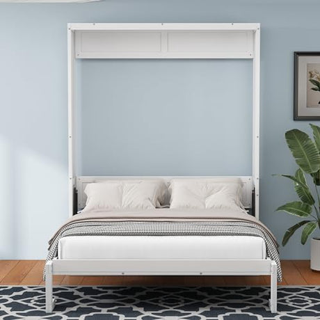 Ball & Cast Murphy Bed Queen Szie Multi-Function 68-inch Cabinet with Desk Combo,No Spring Box Required,Folding Wall Hideaway Bed Frame w/Slat Support,for Guest Room,Study, Office,White Ball & Cast