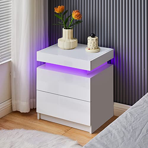 CLIPOP Modern Nightstand, LED Night Stand with 2 High Gloss Chest of Drawers, Bedside Table Cabinet with Remote Control Light, Wood Matte Nightstand 20.6" Tall Bedroom Furniture, White - WoodArtSupply