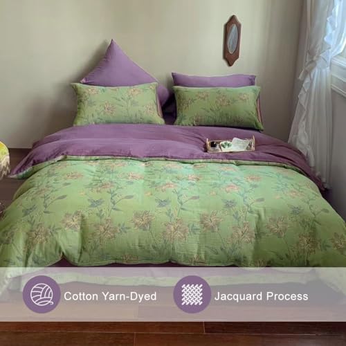 VM VOUGEMARKET Linen Cotton Jacquard Duvet Cover Queen,3 Pcs Yarn-Dyed Textured Duvet Cover Set Green Purple Floral Bedding Breathable, Natural Wrinkled Look-No Comforter VM VOUGEMARKET