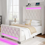Rolanstar Twin Bed Frame with LED Light and Charging Station, Upholstered High Headboard and Footboard, Wood Slats, Noise Free, Easy Assembly, Beige Rolanstar